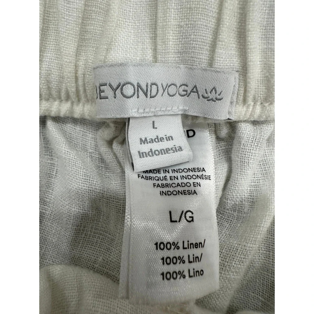Beyond Yoga White 100% Linen Wide Leg Elastic Waist Patch Pocket Pants Large